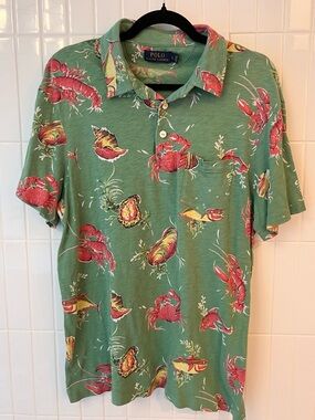 Polo Ralph Lauren Novelty Seafood Print Polo Shirt Size L Green Lobster Crab